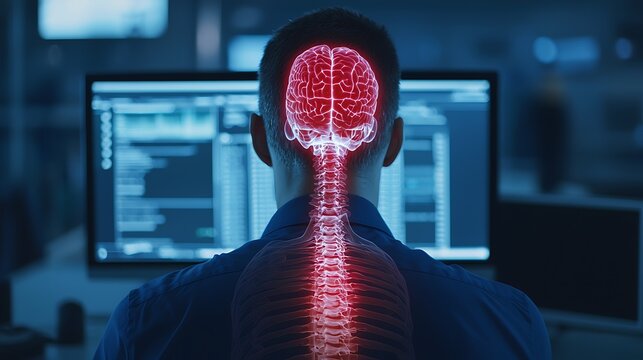 A digital representation of a person with a visible spine and brain, sitting in front of computer screens, illustrating a blend of technology and human anatomy.