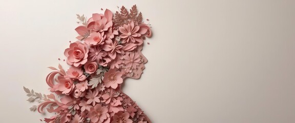 Fototapeta premium Paper Bloom Princess Profile in Intricate Cut Paper Flowers, Featuring Layers and Shadows with a Clean Cardstock Backdrop