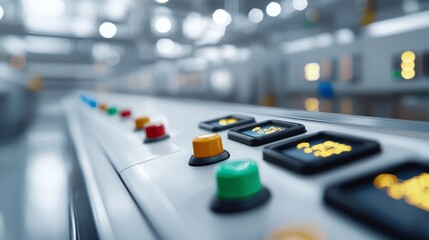 Industrial control panel with illuminated switches and digital displays, factory automation concept