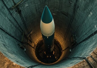 Missile Ready for Launch: A high-angle shot captures a formidable missile poised in its launch silo.