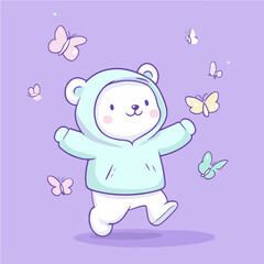 Little bear chasing butterfly, vector illustration.