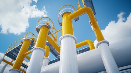 Oil refinery processing facility with interconnected metal pipelines and industrial processing units