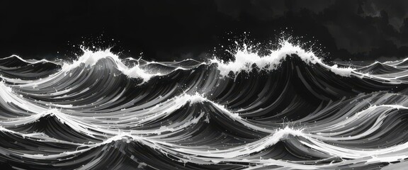 Fototapeta premium Monochrome Sea Ink Wash Texture with Flowing Waves, Dramatic Black and White Abstract Seascape Nature Background Illustration
