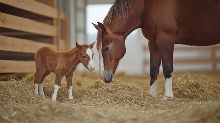 Tender Moment Between Horse and Foal in Cozy Barn Environment, Capturing the Bond of Mother and Child in Natural Setting and Warm Lighting