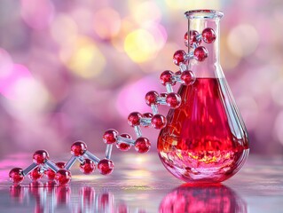 Red fluid in triangular flask with beaded spiral beside it on reflective surface and soft magenta light highlighting chemistry experiment and symbolic dna fusion concept