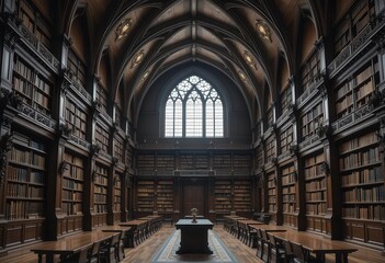 Obraz premium A dramatic and imposing library with soaring arches, dark wood paneling, and a sense of history and grandeur.