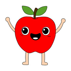 Vector illustration of a funny red apple character with hands and a smiling face on a transparent background for children's design