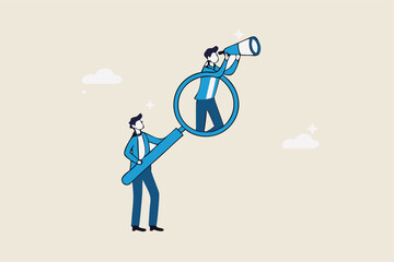 Search and discovery career opportunity, search for new job, find resource or job vacancy, support or career development advice, finding solution, businessman with magnifying glass help search job.