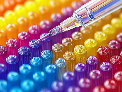 Precision droplet of fluid from pipette into colorful microcells on science tray indicating biotechnology analysis in lab for chemical diagnostics and vibrant experimental microprocessing