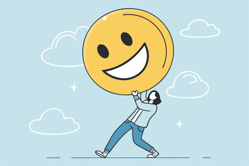 Job satisfaction, employee happiness or optimistic attitude, cheerful morality or endorphins for positive thinking, feel good, emotional intelligence concept, businessman carry big happy smile face.