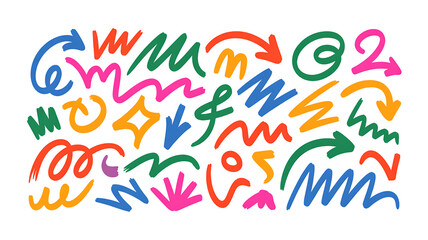 Obraz premium A vibrant collection of hand-drawn abstract shapes and arrows in various colors.