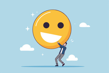 Job satisfaction, employee happiness or optimistic attitude, cheerful morality or endorphins for positive thinking, feel good, emotional intelligence concept, businessman carry big happy smile face.