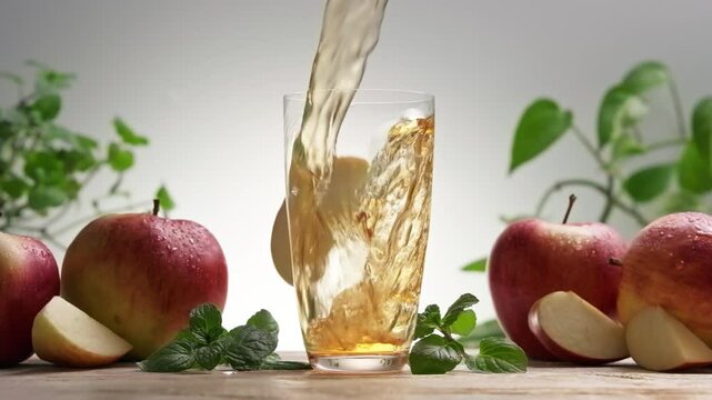 Apple juice being poured into a glass, with dropped fruit pieces, slow motion
