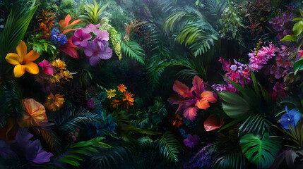 Obraz premium An exotic jungle filled with rare tropical flowers in full bloom.