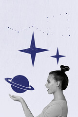 Full 3d photo image collage of happy spacewoman hold planet drawing saturn cosmonaut travel orbit...