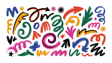 Collection of colorful abstract hand-drawn shapes, arrows, and swirls.
