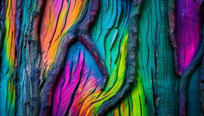 Neon Paint Drips on Textured Bark