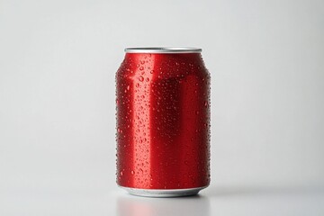 Refreshing Red Soda Can with Condensation Drops on White Backdrop for Beverage and Product Photography
