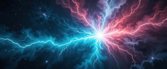 Obraz premium Sci Fi Energy Release Aqua and Coral Lightning Burst in a Starry Nebula, Dark Background, Evokes Space Exploration