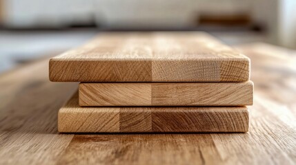 Wooden cutting boards arranged neatly on a kitchen counter in a cozy home setting, showcasing craftsmanship and natural materials