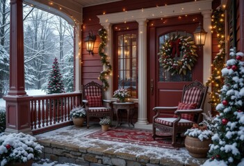  Classic Red and Green Decor on a Snow Dusted Veranda