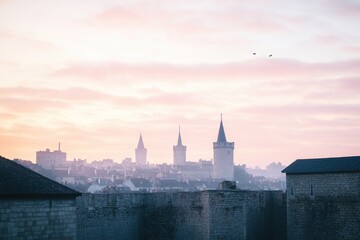 Obraz premium capture enchanting skyline of medieval city at dawn featuring towering ancient stone walls spires and rustic rooftops