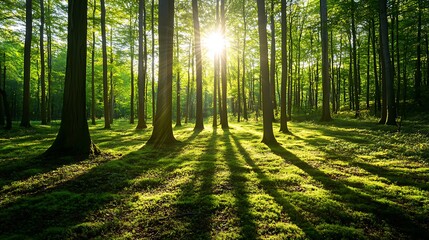 Fototapeta premium A peaceful woodland with towering trees, golden sunlight filtering through the canopy.