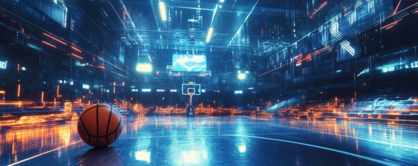 Dynamic basketball action in a high-tech arena sports photography futuristic environment dramatic perspective