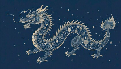  Dragon Shape Filled with Flowers, Indigo Color Palette, Elegant Chinese New Year Pattern