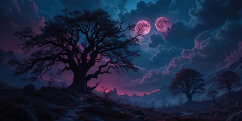  A mesmerizing image of a garnet moon casting light over twisted trees and luminous clouds in a dark, eerie night landscape.