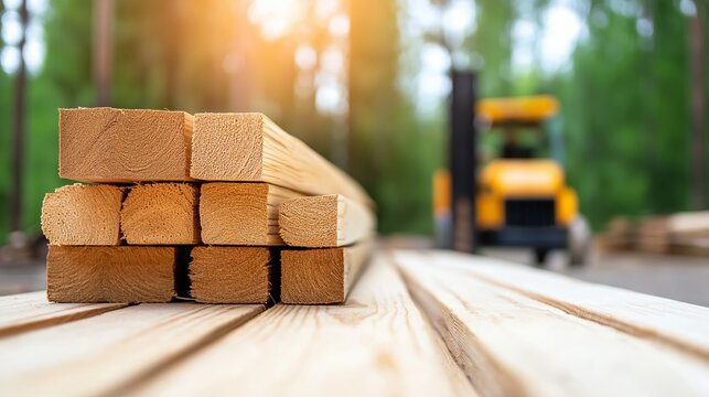 Neatly stacked rectangular lumber planks in a timber yard with a blurred yellow forklift in the background. A scene from industrial forestry, carpentry or construction material supply - Powered by Adobe