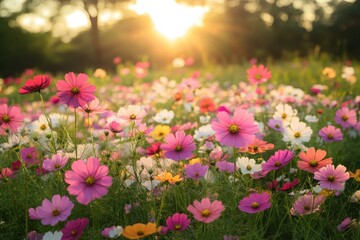 Obraz premium Radiant cosmos flowers in a vibrant field at sunset creating a serene and picturesque landscape with warm light and natural beauty