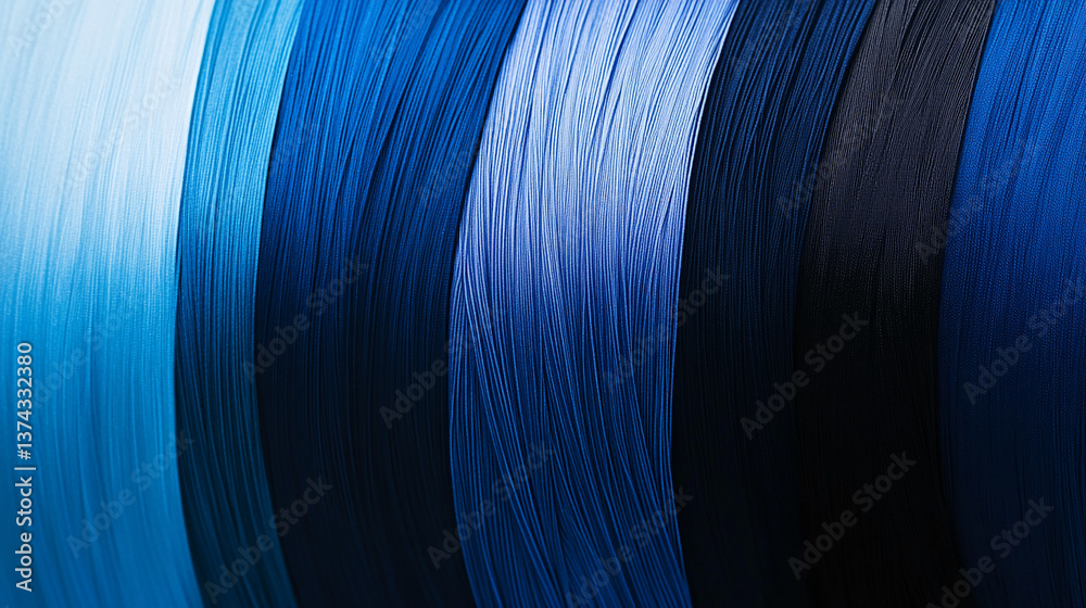 Poster Close-up of textured blue threads, showcasing various shades from light to dark blue, creating a smooth and elegant appearance, ideal for textile or design concepts