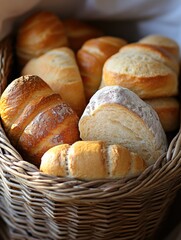 Rustic Bread Rolls in Wicker Basket Freshly Baked Assortment of Crusty Breads Warm Light Food Photography