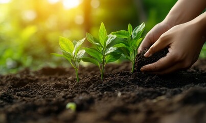 Hands planting young seedlings in fertile soil under sunlight for growth and sustainability concept
