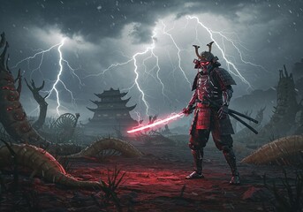 Naklejka premium Warrior of the Storm: A stoic samurai clad in ornate armor, illuminated by an ominous storm, stands resolute against a backdrop of a ravaged temple.