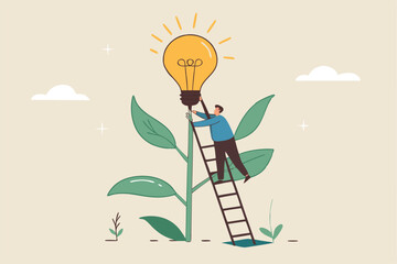 Creativity idea, solution or persuade success, climb up career ladder or business growth, improvement progress, personal development concept, businessman climb up ladder to reach lightbulb grow plant.