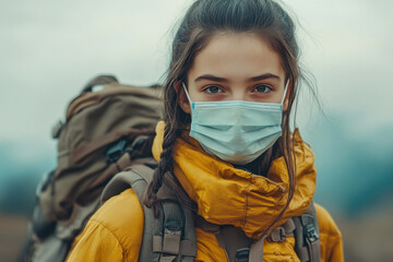 Woman hiking with a face mask.