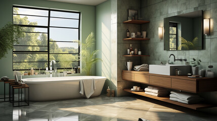 Fototapeta premium Elegant bathroom with large window views, light green walls, a freestanding tub, floating wooden vanity, and minimalist decor in natural light.