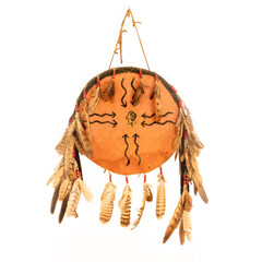 Shield of the North American Indians made of rawhide, painted and adorned with feathers