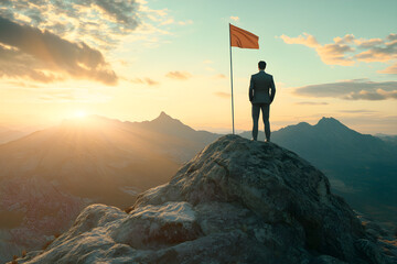 Obraz premium A man stands on a mountain top holding a flag