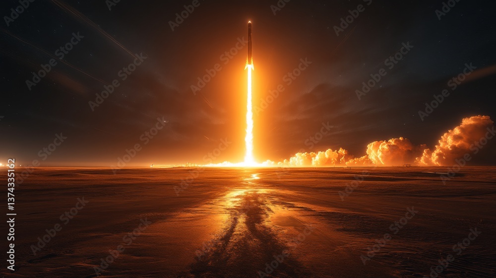 Poster bright flames erupt from the rocket as it soars into the night sky. the powerful launch demonstrates
