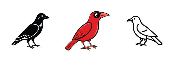Black Crow, Red Cardinal, White Dove Bird Illustrations Set