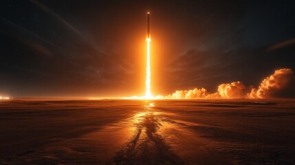 Bright flames erupt from the rocket as it soars into the night sky. The powerful launch demonstrates advanced aerospace technology and the achievements of modern spaceflight.