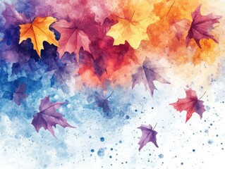 Watercolor Autumnal Symphony Maple Leaves in Vibrant Hues of Orange Red and Purple on Artistic Canvas