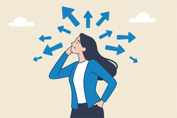 Tough decisions, choosing career path, make choices or think about final result, business directions challenge, confusion or decide options concept, businesswoman thinking and make business decisions.
