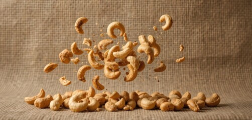  Earthy Delight Roasted Cashews Fracturing in Mid Air Against a Textured Burlap Background, Highlighting Natural Simplicity Rustic