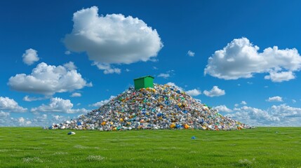 Environmental Crisis: A Mountain of Plastic Waste Under a Beautiful Sky