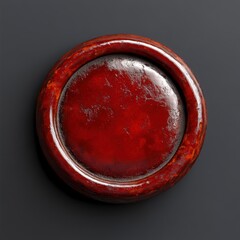 Captivating close up of a lustrous red wax seal with intricate details on a dark gray background