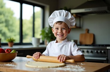 A boy in a chef's costume. wearing a chef's hat and a tunic, with a rolling pin in his hands, he rolls out the dough. He looks at the camera , against the background of the kitchen